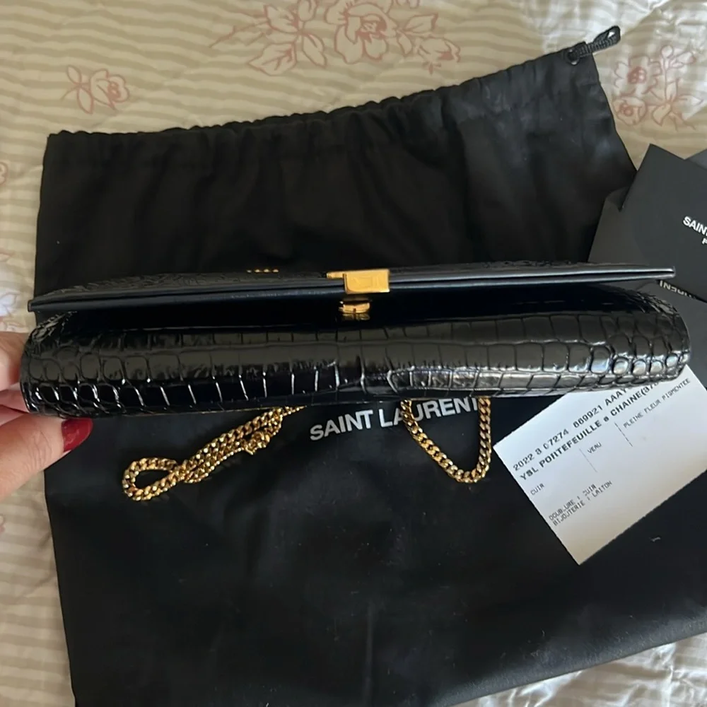 NWT Saint Laurent Black Croc Embossed WOC Bag with Gold Logo and removable chain - Picture 8 of 10